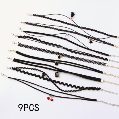 METOO 11pcs Dei Monili Delle Ragazze per I Bambini Nero Della Collana Multi Strato di Pizzo Catene Choker Della Collana Per Bambini Gotico Stretch Gioielli Bambino: 9 PCS(2)