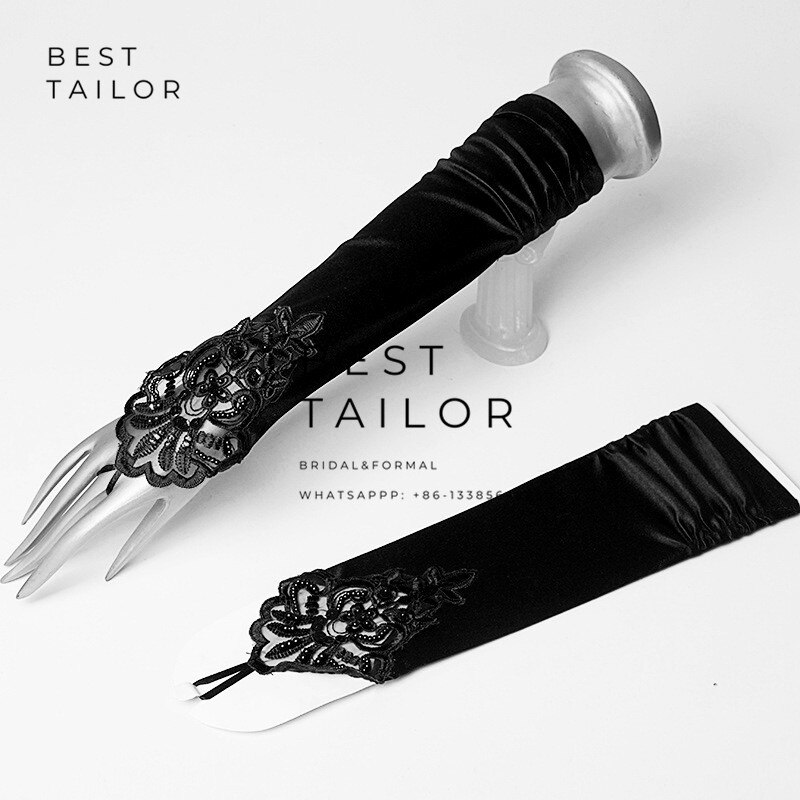 Wedding Bridal Handschoenen Vingerloze Elleboog Zwart Ivoor Wit Rood Parels Kralen Lange Manchetten Bruiloft Accessoires Mariage Gant Femme: Black