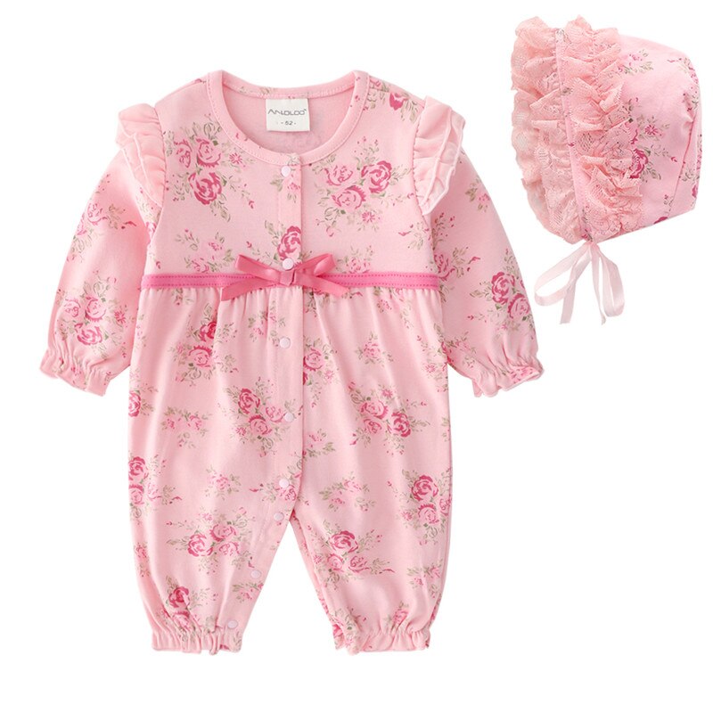 Bloemen Lint Pasgeboren Baby Meisje Kleding Ruches Lange Mouwen Prinses Jumpsuit Lente Baby Meisjes Bodysuit + Hoeden: Pink Jumpsuit / 6m