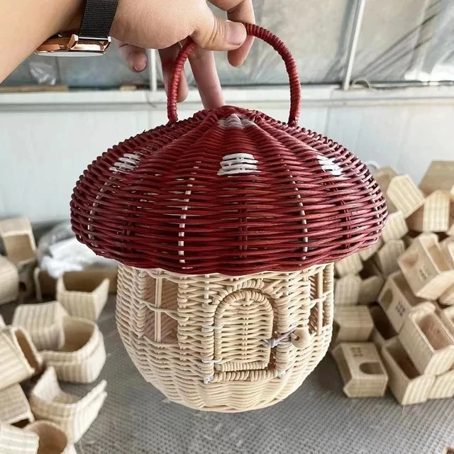 Panier décoratif en forme de champignon fait à la main, paniers tissés en rotin, décoration de chambre de filles, panier de pique-nique pour enfants, accessoires de photographie: Bourgogne