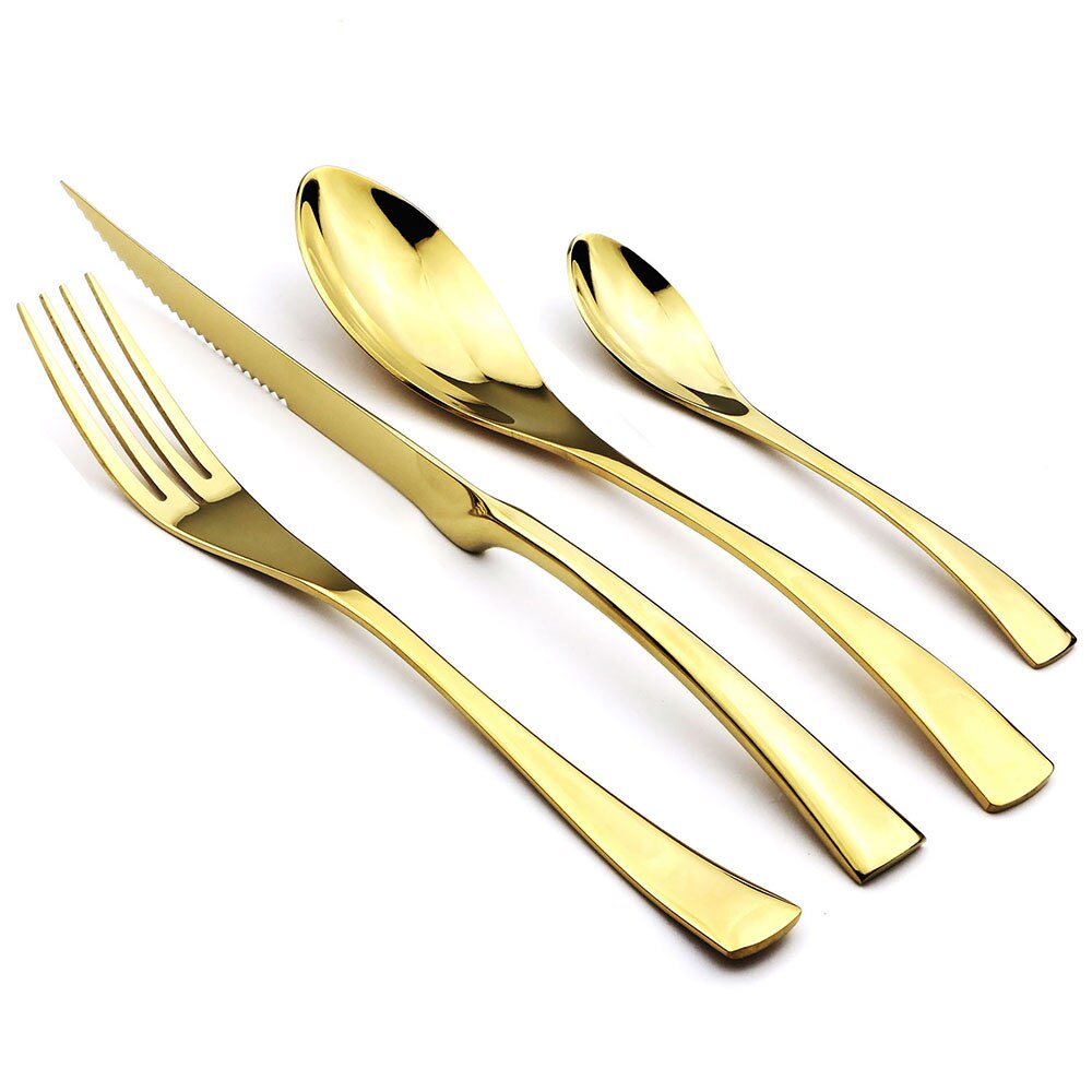 Jankng 4-Pcs 18/10 Roestvrij Staal Bestek Set Zwart Servies Steak Mes Vork Lepel Theelepel Bestek Eten Servies: Gold