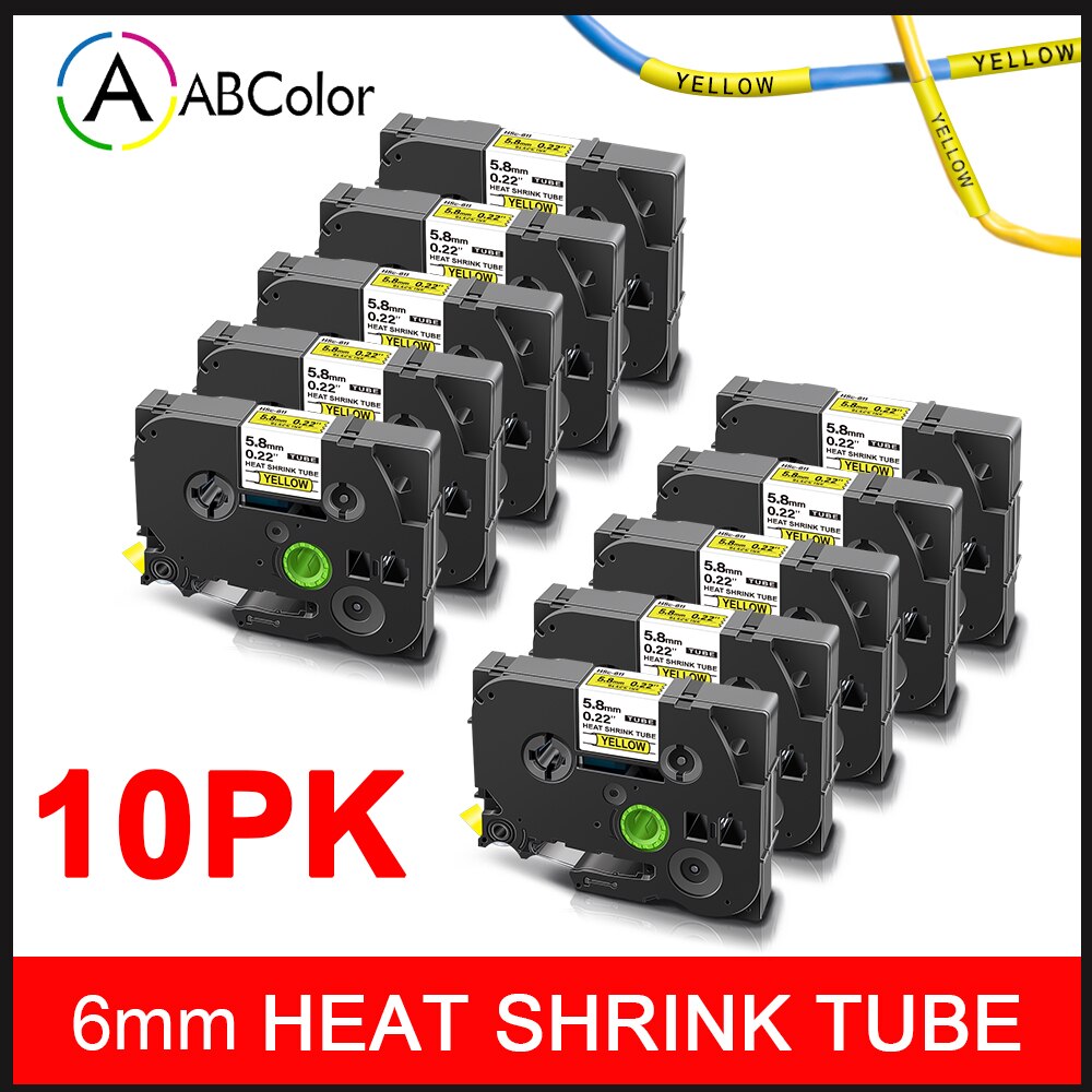 10PK Industrial Tapes For Brother Hse-211 Hse-221 Hse-611 Hse-621 Heat Shrink Tube Tapes 6mm/9mm for Brother P touch Label Maker: 6mm-Black on Yellow
