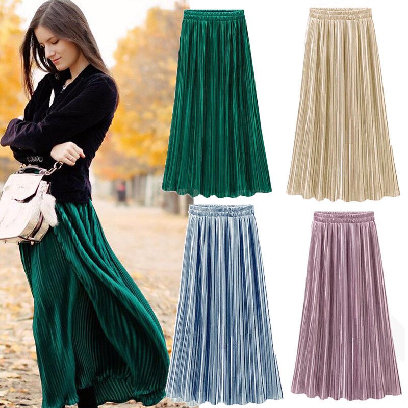 Jupe longue plissée et évasée pour femme, couleur unie, style Vintage, couleur or, , nouveauté