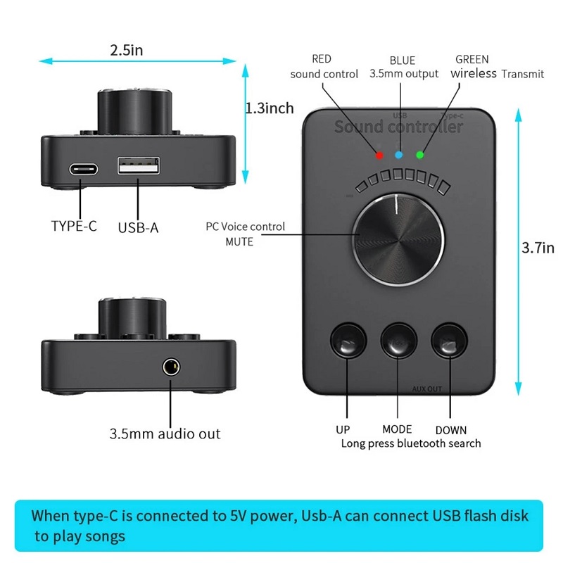 3- modes usb adapter external sound card bluetooth multimedia pc speakers with computer audio volume control knob controller