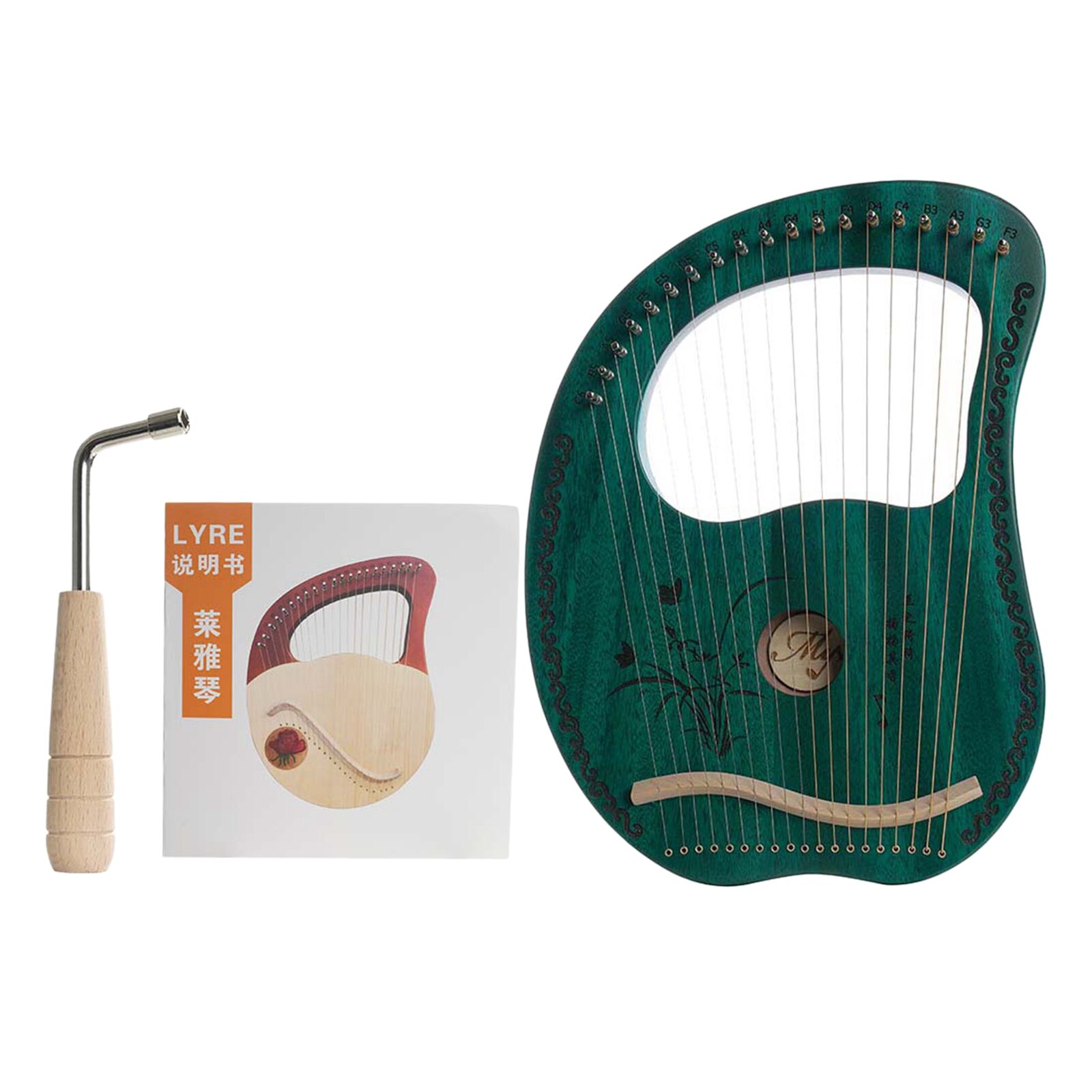 Portable Small Lyre Harp Mahogany Body &amp; Tuning Wrench Perfect for Kid: green 19 string