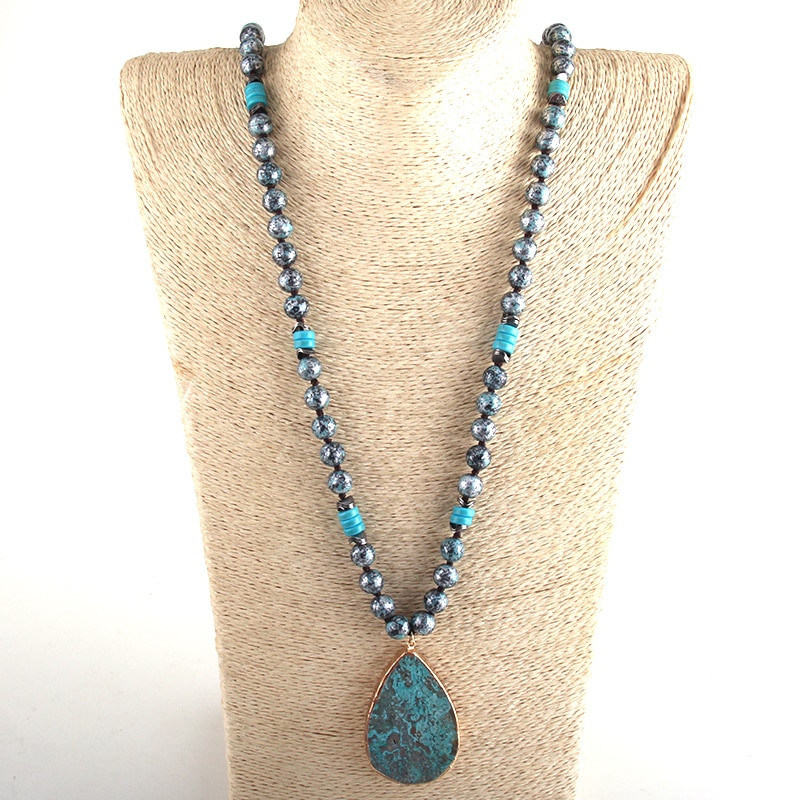 Rh Boho Sieraden 10Mm Ccb Bead Lange Geknoopt Met Semi Precious Hanger Kettingen Vrouwen Bohemen Ketting