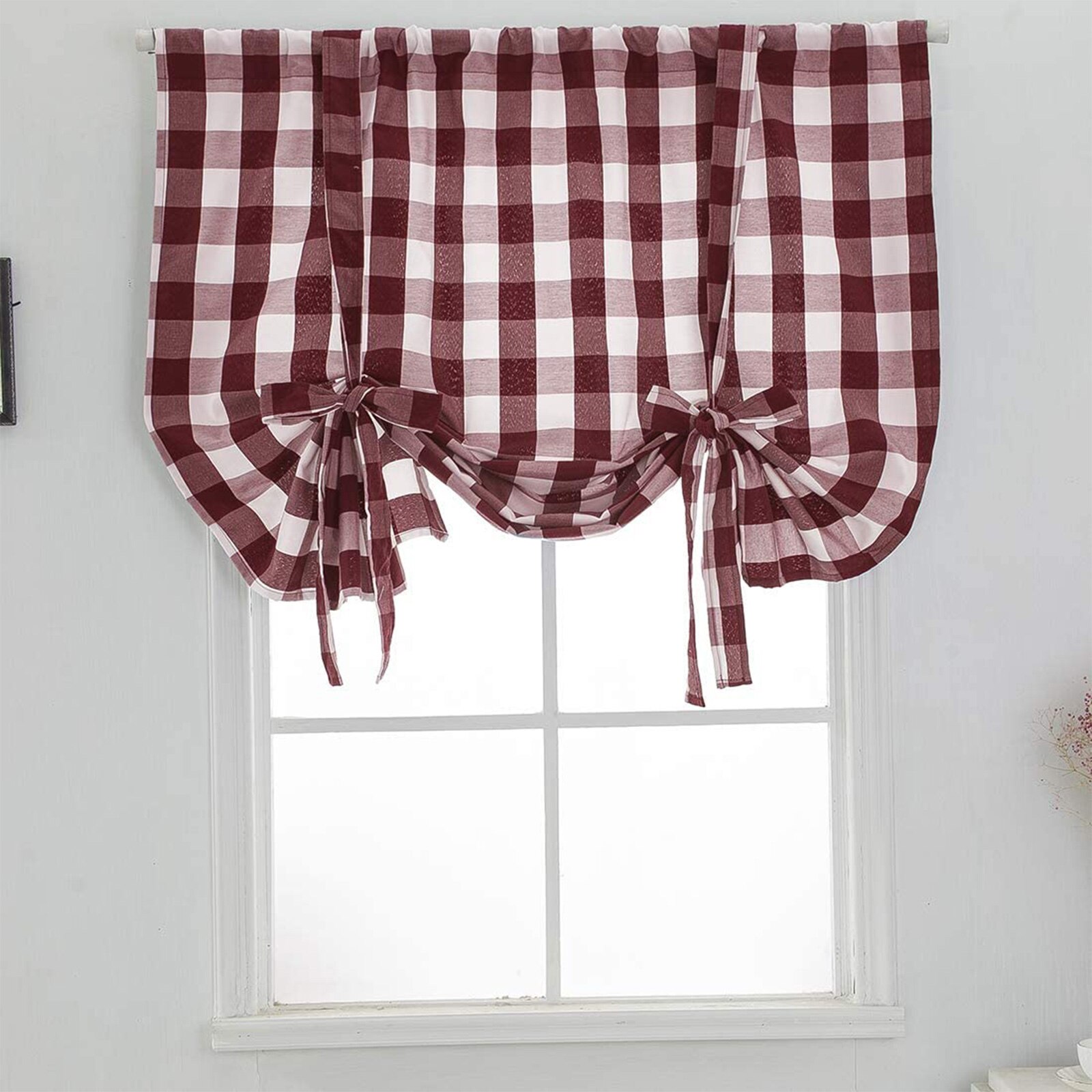 Cortina de ventana corta con estampado a cuadros, persianas romanas ajustables con agujeros, cortinas opacas para sala de estar y cocina