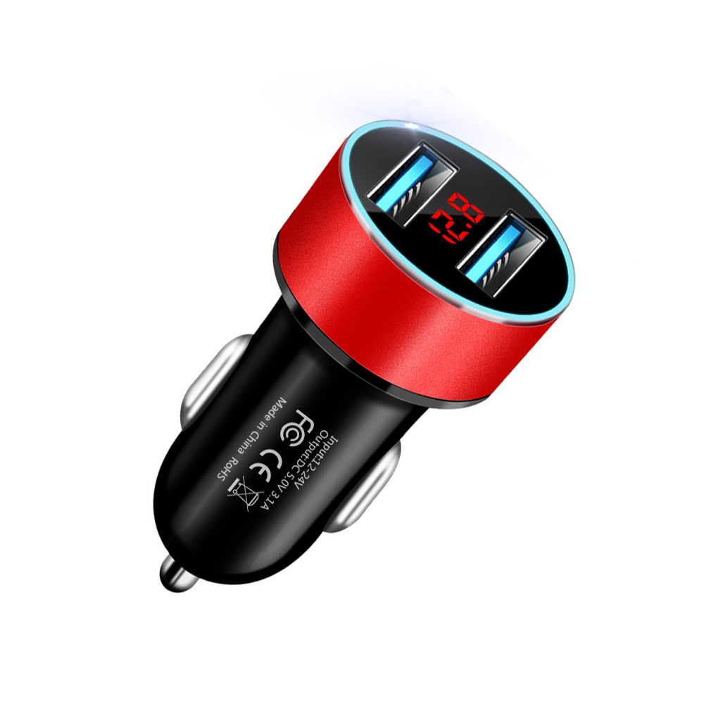 Led display voltmeter 3.1a dobbelt usb telefon oplader bil cigarettænder strømadapter stik splitter til 12-24v biler: Rød