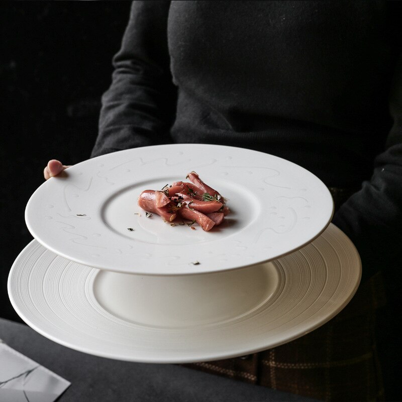 12 Inch White Ceramic Western Food Steak Salad Flat Plate Round Thread Dessert Fruit Breakfast Plate Exquisite Kitchen Tableware