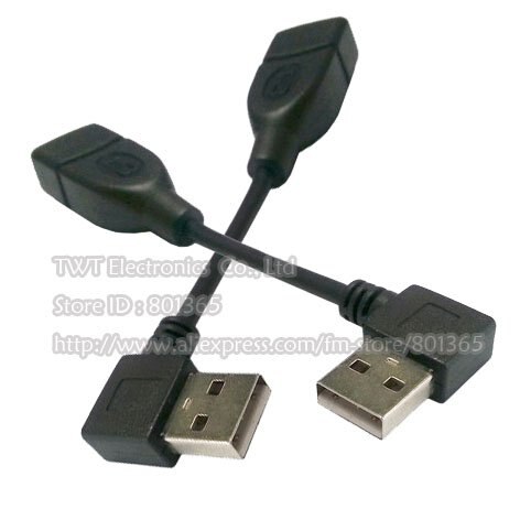 USB 2.0 Rechts + Links Schuine 90 graden A type man-vrouw verlengkabel 10 cm, 1 paar,