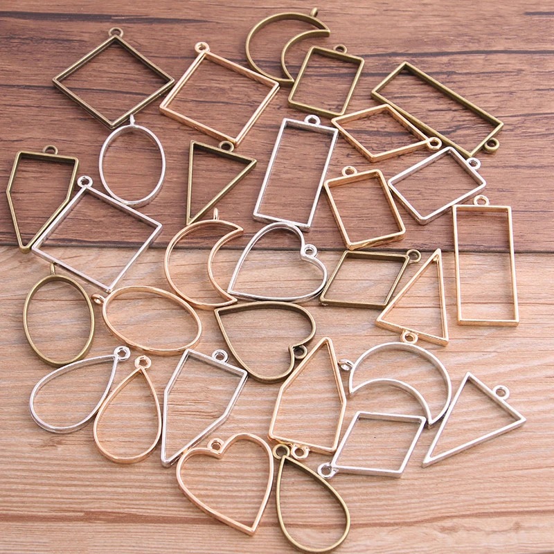 10 stks/30 stks Geometrische Figuur Charme Holle Lijm Lege Hanger Metaallegering DIY Armband Ketting Oorbellen Handgemaakte Bezel Mold: Imitation Rhodium Plated