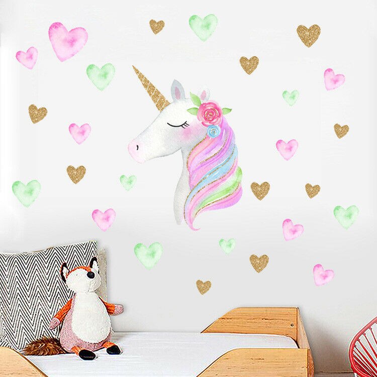 Muursticker met regenboog eenhoorn, meisjeskamer, muursticker, kunst, kinderkamer, woondecoratie