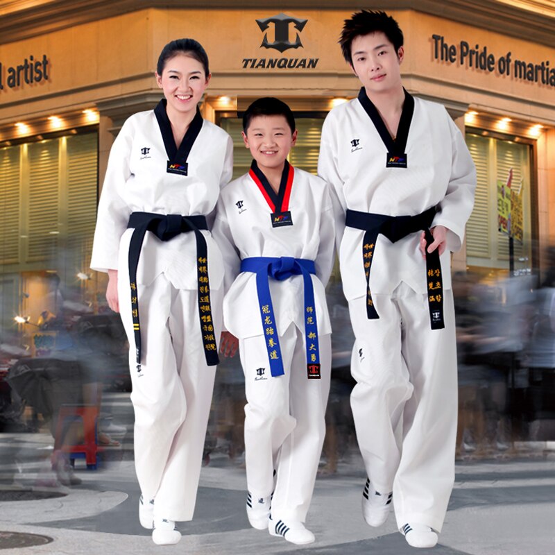 Taekwondo biały dobok Taekwondo mundury garnitury 100% bawełna tae kwon do z długim rękawem dla dorosłych dzieci tkaniny jiu jitsu rozmiar XXXS-XXXL