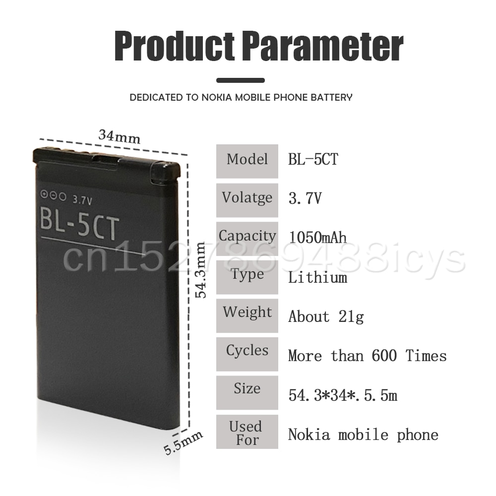 1 stk 3.7v 1050 mah bl -5ct bl 5ct bl5ct udskiftning telefonbatteri til nokia 3720 5220 5220xm 6730 6330 6303i c5-02 c3-01 c5-00