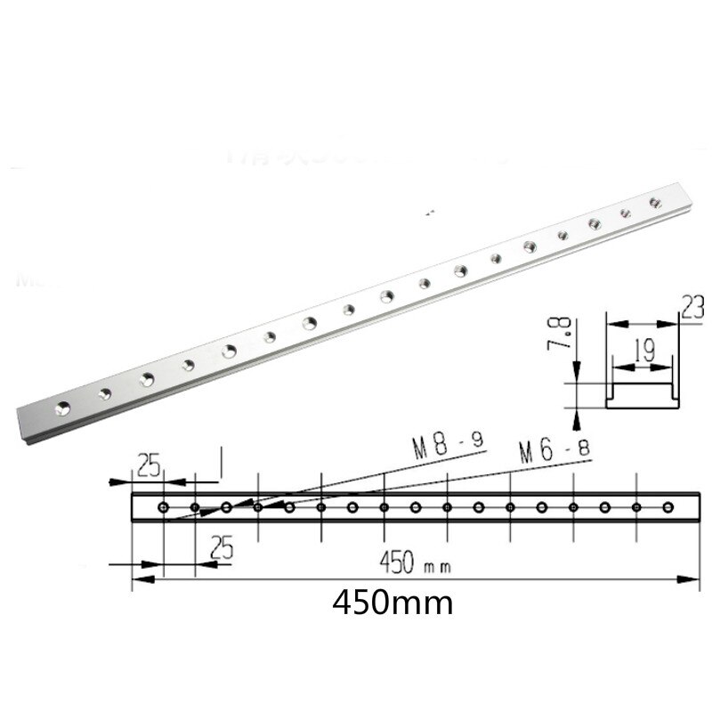 Aluminium  m6 / m8 t- skinne aluminiumslegering glidemøtrik t-møtrik til 30/45 t skinne klemme skrue rille fastgørelsesanordning træbearbejdningsværktøj: 1pc 450mm med hul