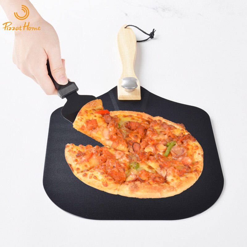 PizzAthome 12 Inch Pizza Peel with Pizza Cutter Aluminum Pizza Shovel Hard Coating Wooden Handle Pizza Peel Pizzas Spatula