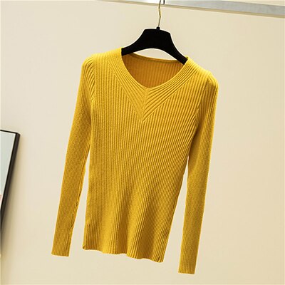 Herfst winter truien dames chique v-hals slanke trui dames gebreide truien lange mouwen warme basic zwarte tops: Geel