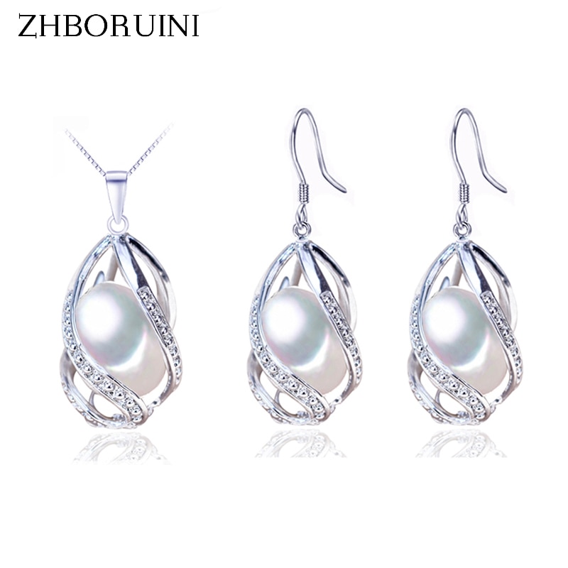 ZHBORUINI Perle Schmuck Set 925 Sterling Silber Schmuck Natürliche Süßwasser Perle Perlen Käfig Halskette Ohrring Set Für Frauen