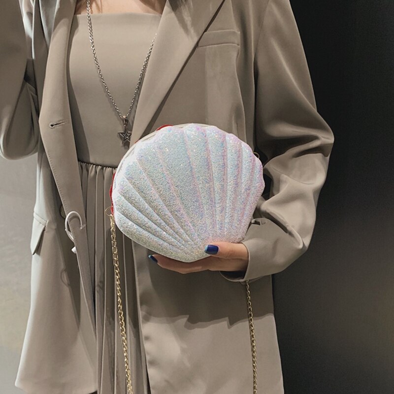 Women Girls Little Mermaid Seashell Purse Cross-Body Shoulder Bags Glitter Sequins Chain Evening Purse