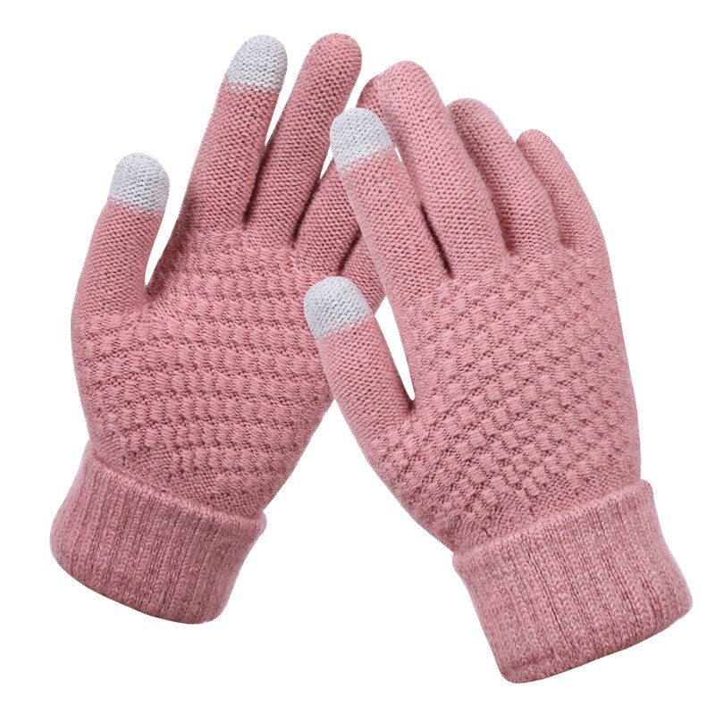 Kvinders cashmere uldstrikkede handsker vinter varm tyk berøringsskærm handsker solide vanter til mobiltelefon tablet pad: Lyserød