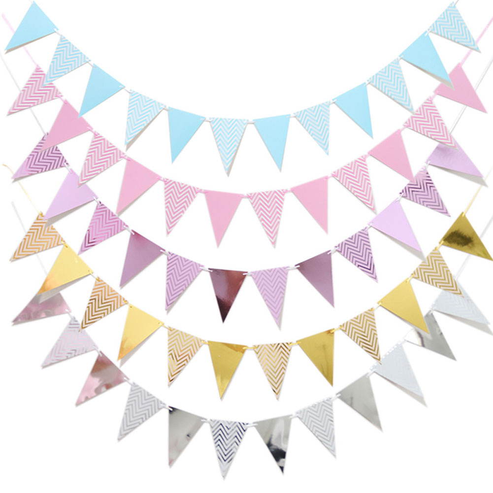 1Set 5M Golden Paper Triangle Banner Pennant Hanging Flag for Birthday Wedding Baby Shower Event Party Supplies Photograph Props