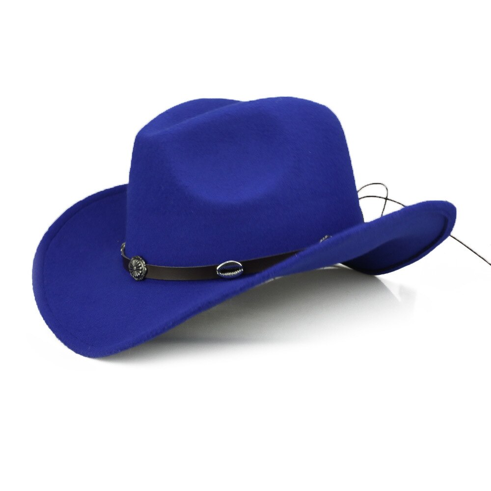 Uldfilt kvinder mænd vestlig cowboyhue med brede rand punk læder bælte jazz cap størrelse 57-58cm b88: 3