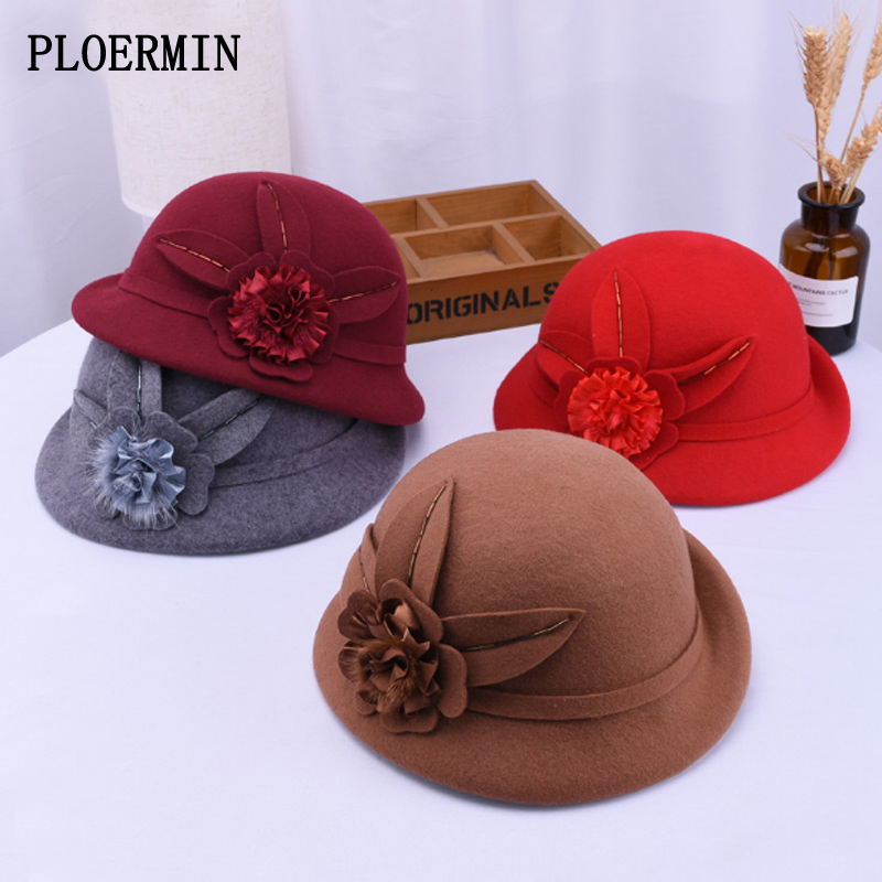 Mother Lady Autumn And Winter Woolen Curling Hats Woman Party Formal Top Grade 100% Wool Felt Hat Bucket Cap