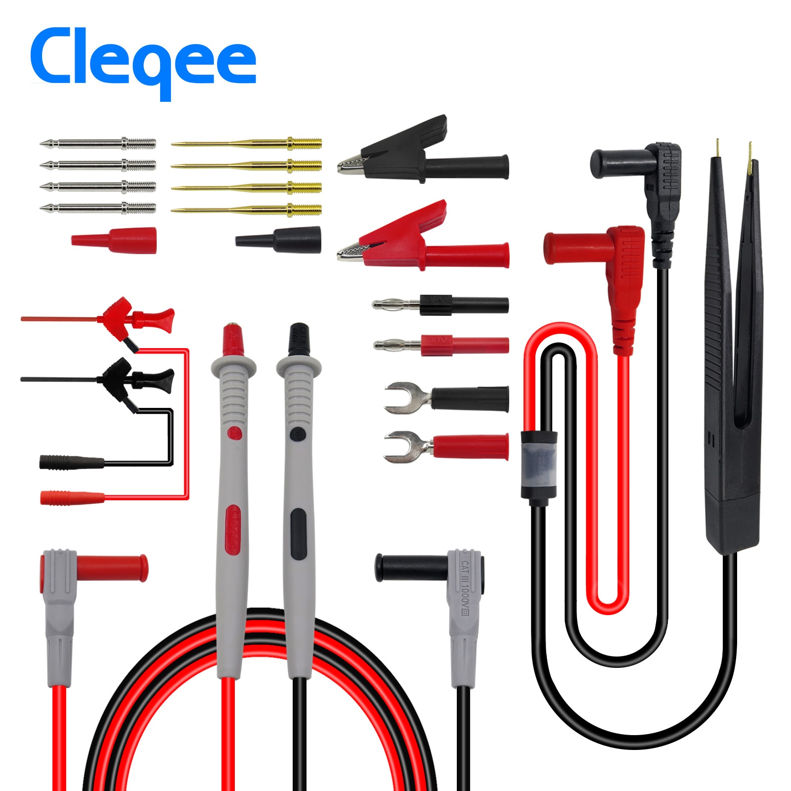 Cleqee P1503E Multimeter Probes Test Leads Kit with Tweezers To Banana Plug Cable Replaceable Needles Digital Multimeter Feeler