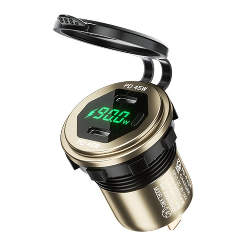 12v-24v dual 45w type c usb c pd fast car phone charger with led voltmeter switch for mobile phone, tablet, laptop: Green light / Gold