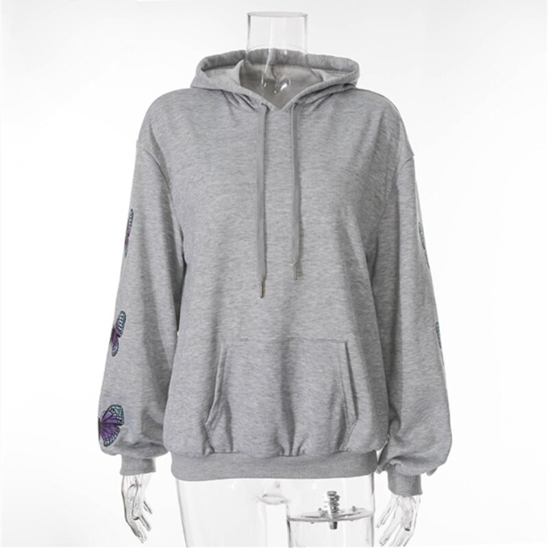 Herfst Winter Mode Vlinder Print Grijs Hoodies Vrouwen Lange Mouw Trui Losse Sport Casual Sweater Streetwear Tops