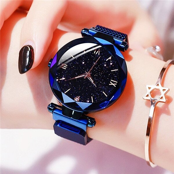 Reloj mujer luksus stjernehimmel kvinder ure magnetisk mesh bælte ur dame kjole armbåndsur zegarek damski: Blå