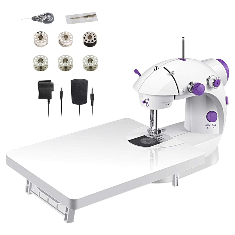 Mini bærbar symaskine med forlængelsesbord sy håndarbejde tøj electrec symaskine sting sæt: Lilla  ac220v