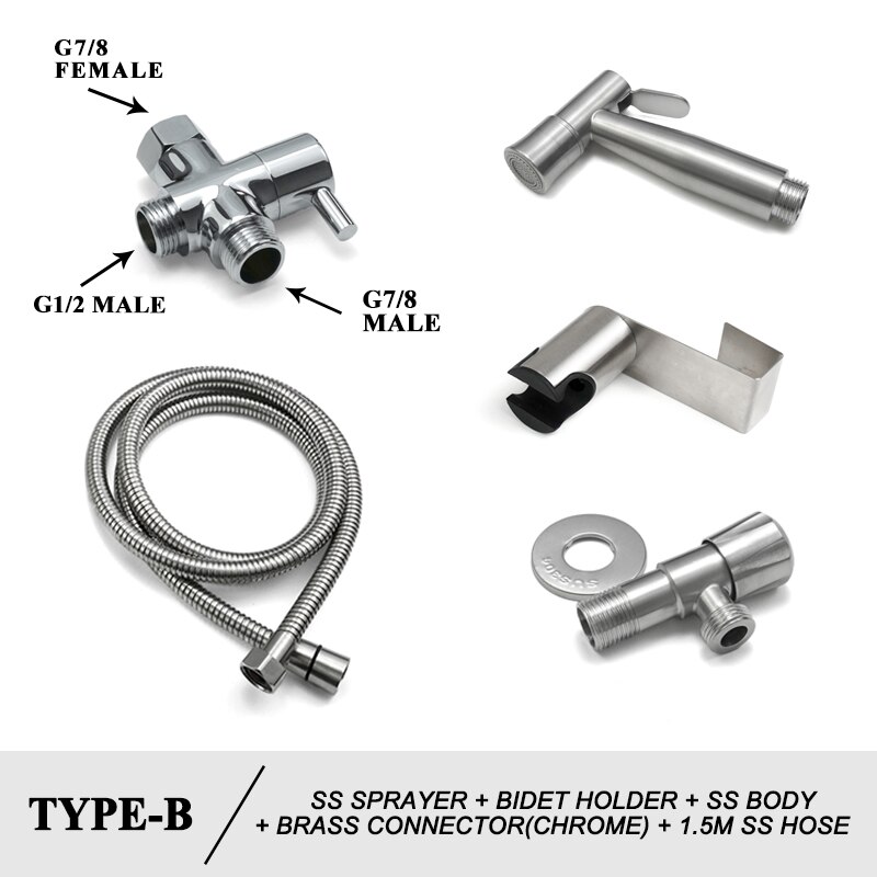 Bidet Douche Kranen Wc Handheld Spuiten Rvs Douche Set Tank Haak Bidet Sproeier Zelfreinigende Shattaf Voor Badkamer: 5 PCS Set US Type B