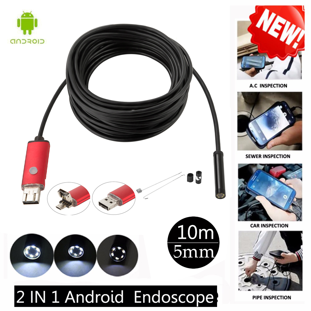 Android USB Endoscoop Camera 5.5mm Lens 1/2/5/10 m Kabel HD Industriële Endoscoop Mini camera Waterdicht 6 Led Licht