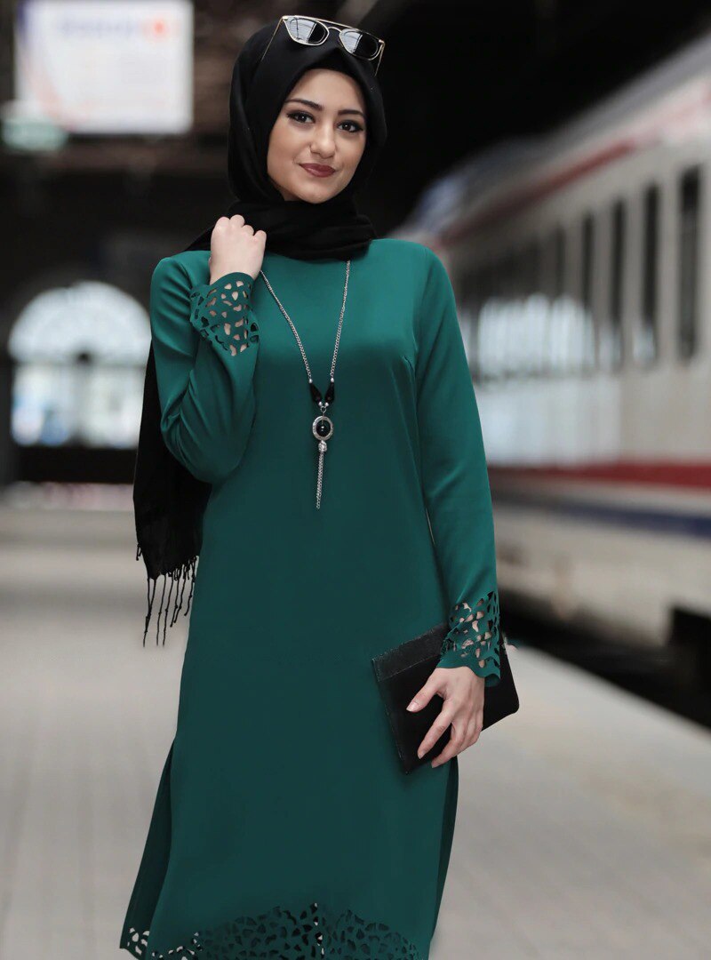 Kalkon muslimsk klänning kvinnor långa toppar ihåliga solida islamiska ropa hijab klänningar marockanska kaftan jilbab fest vestidos abaya ramadan: Grön / M
