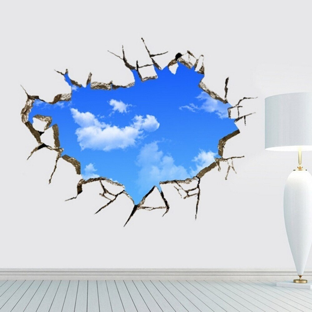 Window Hole Stickers Landscape Blue Sky White Cloud 3D Wall Sticker Home Decal For House Living Room Roof Decals