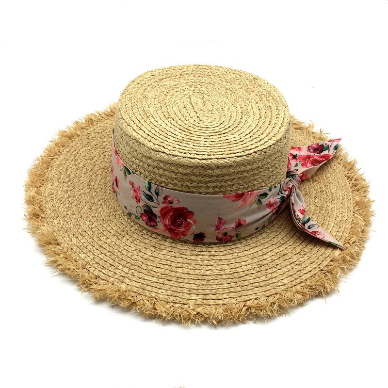 Meisjes Natuurlijke Zomer Strand Hoed Skinny Sjaal Band Raffia Schipper Strooien Hoed Vrouwen Kwastje Rand Floppy Raffia Strohoed