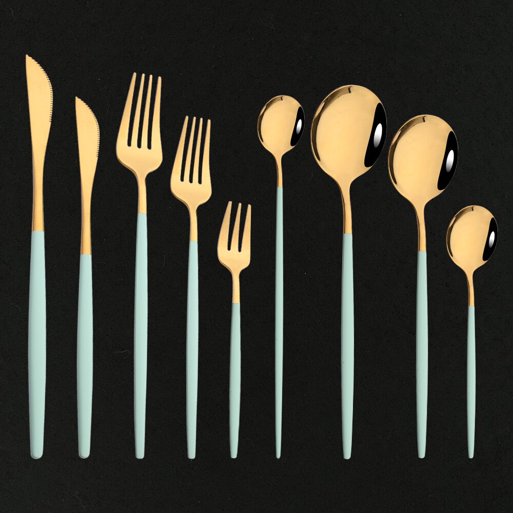 Mint Gold Tableware Cutlery Set Mirror Stainless Steel Dinnerware Dessert Knife Fork Ice Spoon Flatware Set Dinner Silverware