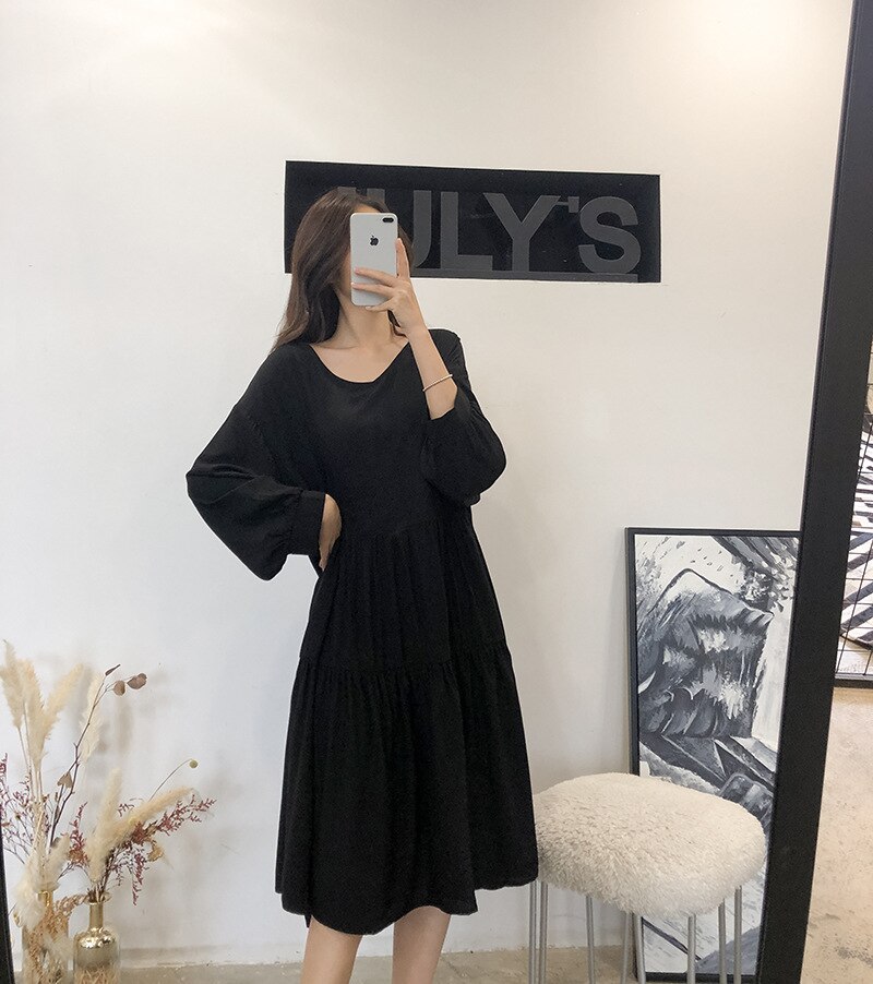 Summer Cool Long-sleeved Night Gowns Large Size Women Loose Style Solid Colors Blue Black Colors Home Night Gown Cotton: Black / L