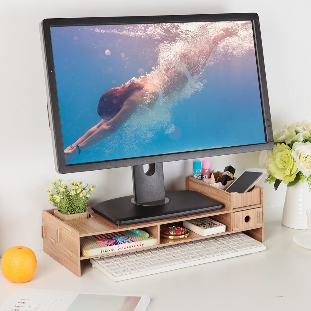 Houten lcd-desktopmonitorstandaard met verhoger voor bureau-organizer voor imac laptop pc