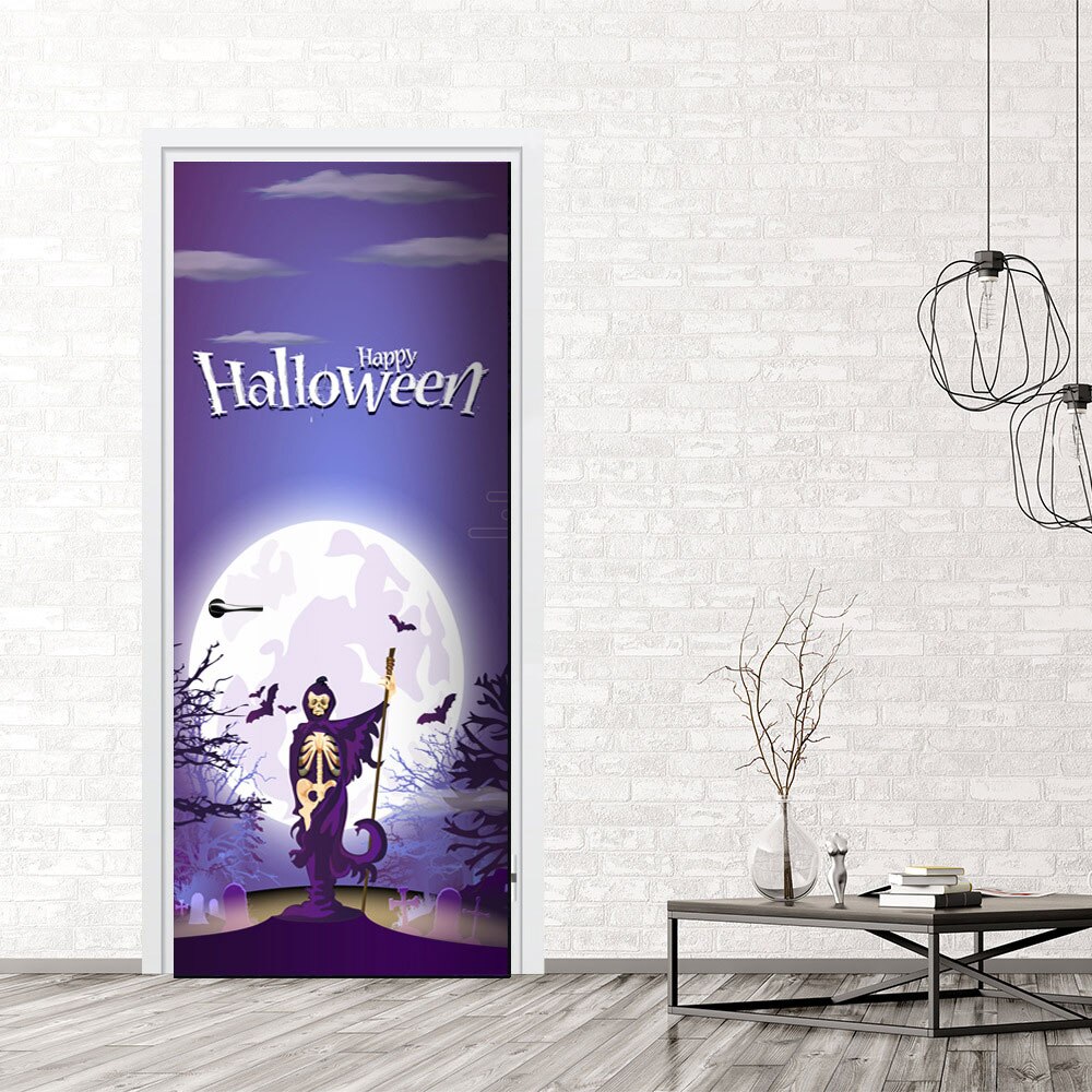 2Pcs/Set Halloween Door Sticker, Halloween Graveyard Door Wall Sticker Peel And Stick Removable Wallpaper Horrible Door Decal