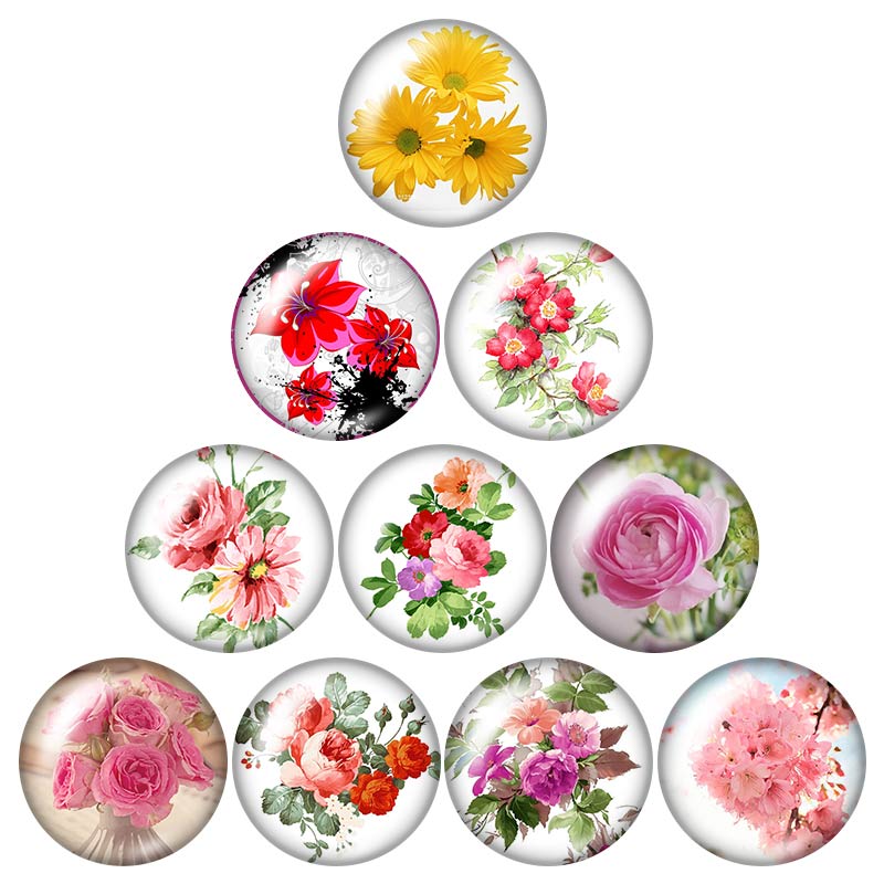 Botones a presión de 18mm con de flores, margaritas y lirios, foto redonda mixta, estilo de cabujón de cristal para joyería con botón a presión, 10 Uds.: DB0056