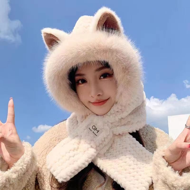 Lovely Beanie Hat Scarf Set Women Faux Fur Warm Winter Hat Children Parent Neck Circle Scarf Ski Snow Hat Cap Skullies Beanies: WHITE