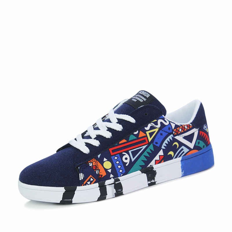 Boardschoenen heren graffiti flats zomer sneakers canvas herenschoenen regenboog man veterschoenen lage heren casual schoen  c63: Blauw / 6.5