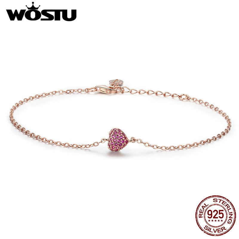 WOSTU 925 Argento Sterlina In Oro Rosa Romantico Del Cuore Della Catena del Braccialetto di Collegamento Per Le Donne Catenaccio Del Braccialetto del Regalo Dei Monili CQB050