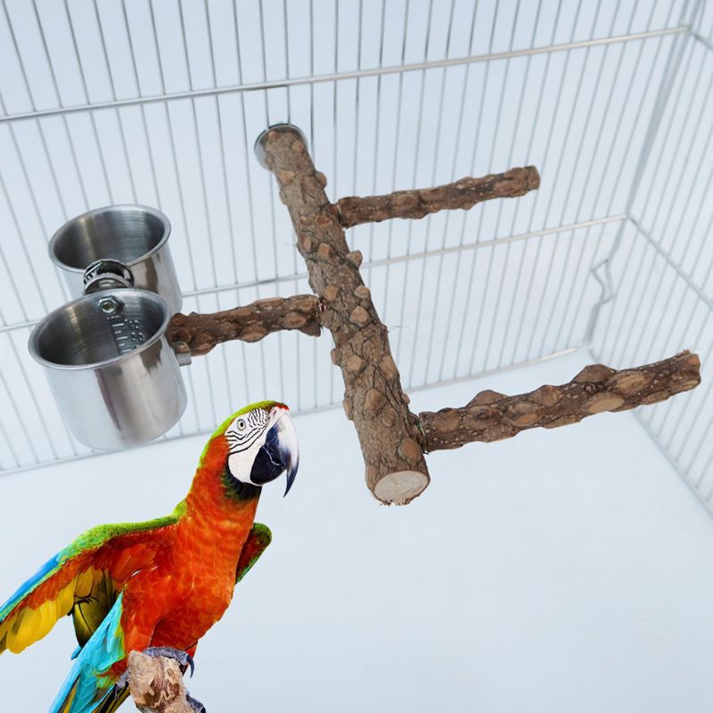 Percha de loro de madera natural espinoso soporte para pájaros taza de alimentación plataforma de palo de molienda