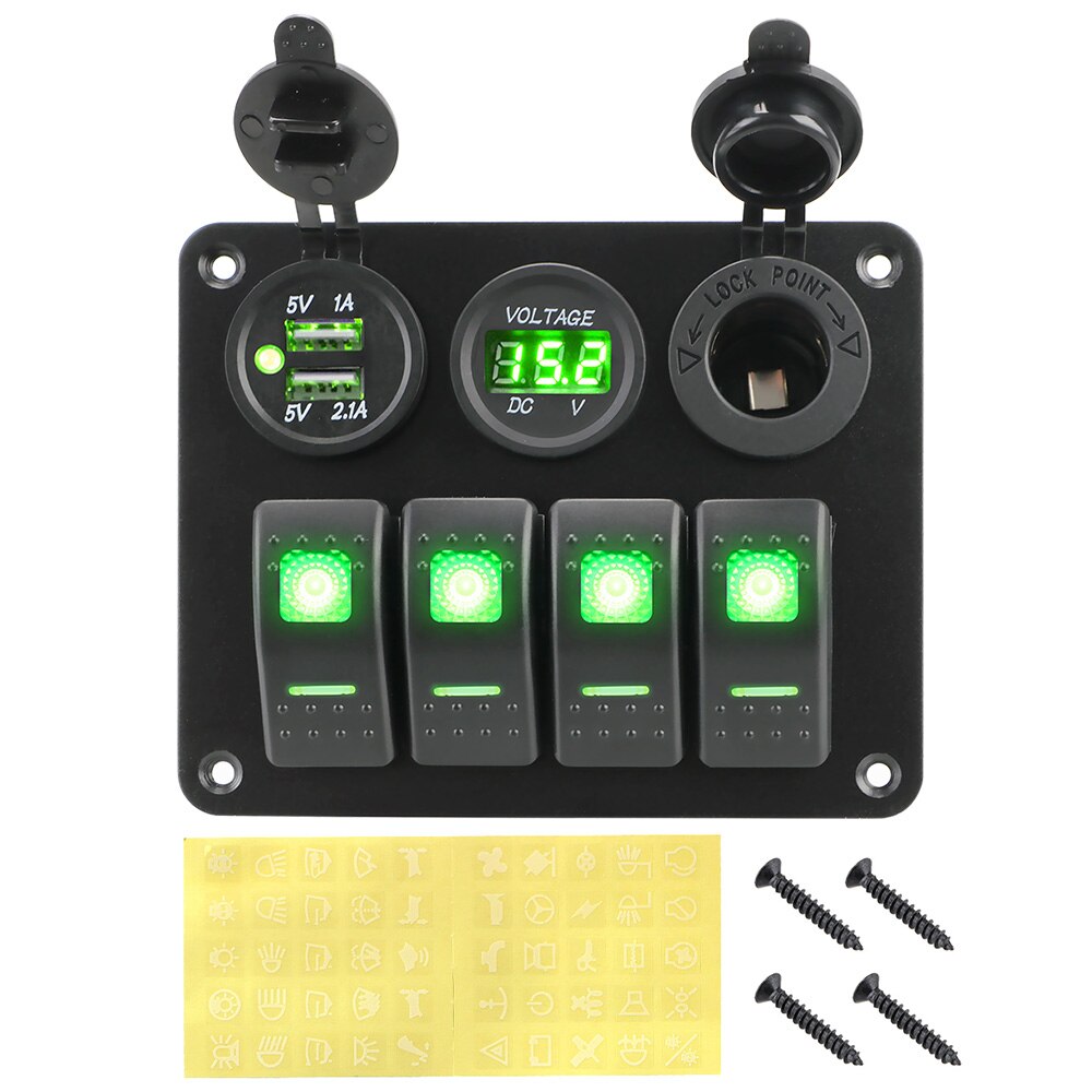 4 gangs 12v/24v led vippebryter panel dobbel usb port effektbryter vanntett digital voltmeter for bil rv campingvogn campingvogner: Grønn