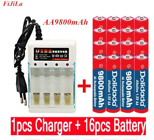 1.5 V Aa 9800 Mah Oplaadbare Batterij Aa 1.5 V. Oplaadbare Alcalinas Drummey + 1Pcs 4-Cell Battery Charger: Blauw