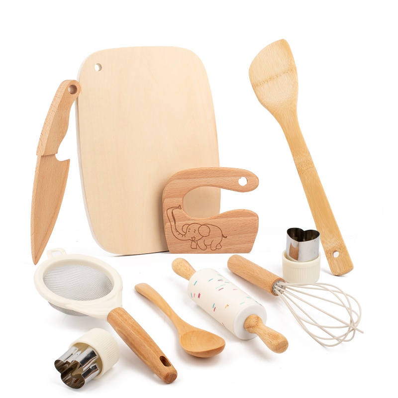 Cuchillo seguro de madera para niños y juego para hornear para cocinar Real, juguete de cocina para niños, herramientas educativas Montessori, para niños y niñas: BLANCO