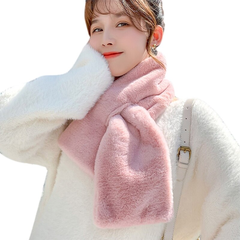 Women Thick Fuzzy Plush Loophole Cross Collar Scarf Solid Color Neck Wrap Shrug: Pink